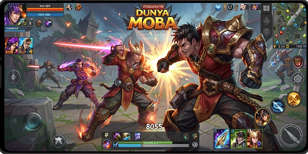 Tampilan gameplay seru dalam 8055 dengan aksi MOBA yang intens.