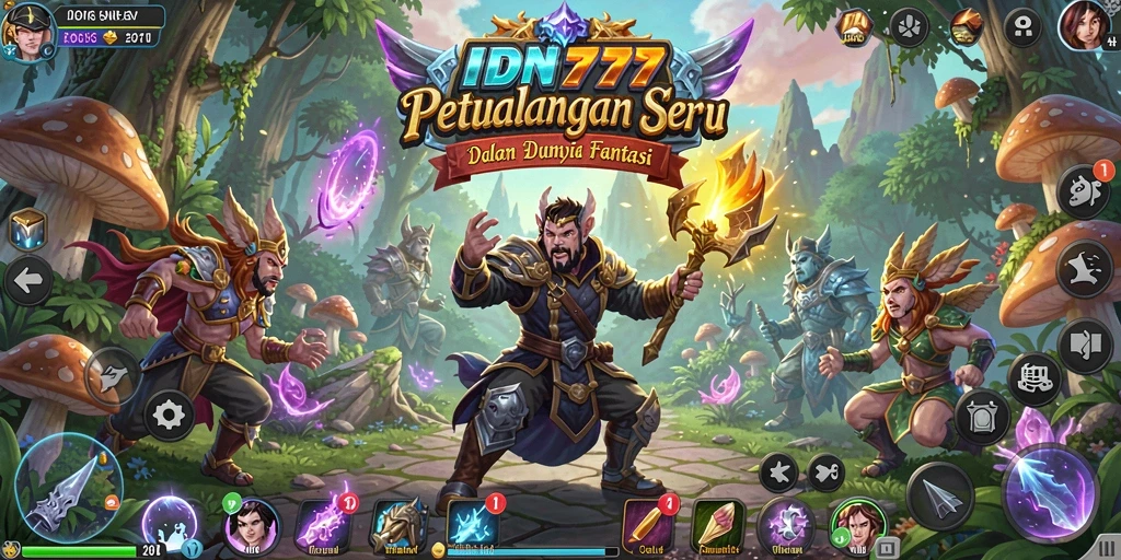 Screenshot utama IDN777 menunjukkan karakter dalam aksi melawan monster di hutan.