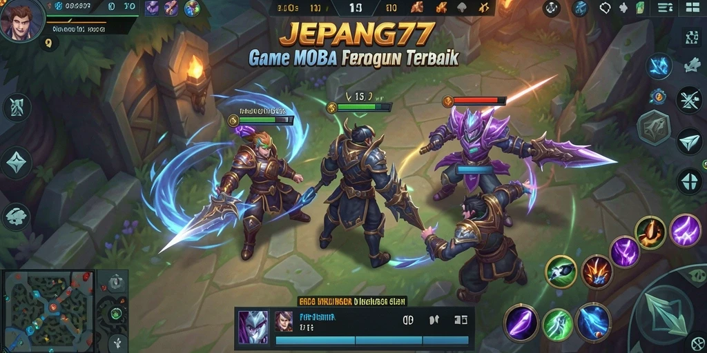 Screenshot gameplay MOBA JEPANG77 menampilkan pertarungan seru antar karakter.