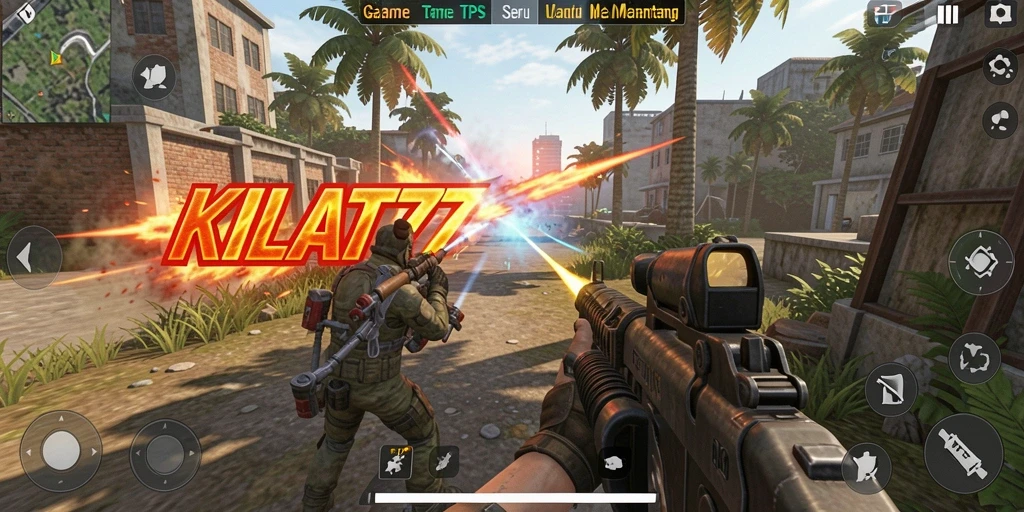 Tampilan gameplay dinamis KILAT77 dalam aksi TPS.
