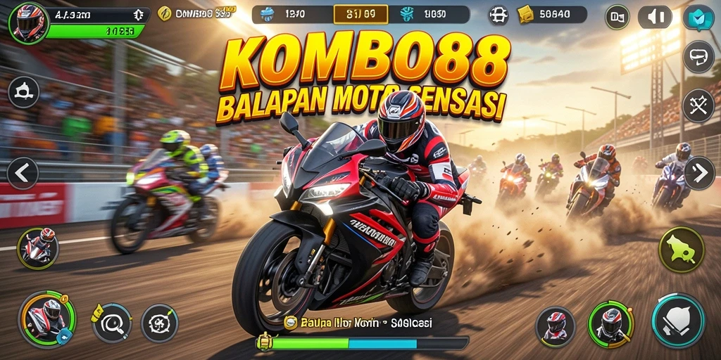 Screenshot gameplay KOMBO88 menampilkan motor balap di lintasan yang menegangkan.