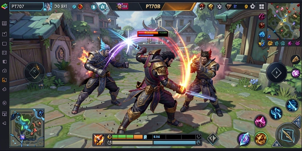 Screenshot gameplay seru PT707 menampilkan pertarungan MOBA yang menegangkan.