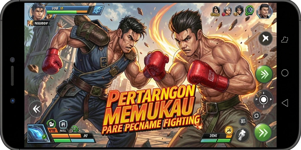 Screenshot V98 menampilkan pertandingan seru dengan karakter sedang bertarung.
